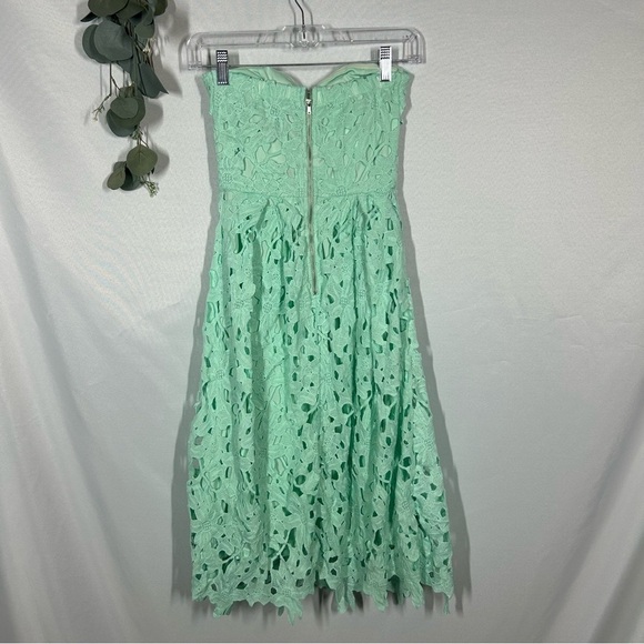 Alya | Strapless Floral Lace Light Blue Teal Aqua Sweetheart Midi Dress Size XS - Picture 6 of 13